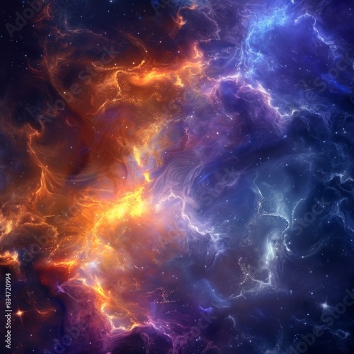 This image showcases a vibrant nebula with swirling clouds of gas and dust in vivid shades of orange, purple, and blue. The illuminated regions create a dynamic and mesmerizing cosmic display.
