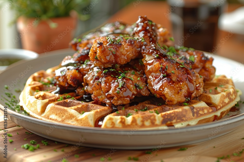 Chicken and Waffles - Fried chicken on top of a waffle with syrup. Chicken and Waffles - Fried chicken on top of a waffle with syrup.