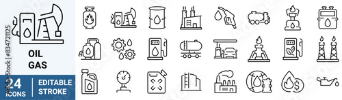 Oil gas line web icons. Contains such Icons as Gas Station, Oil Factory, Transportation. industry. Editable Stroke