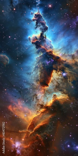 This image captures a magnificent nebula with vivid shades of blue, orange, and purple. The towering structures of gas and dust are illuminated by starlight, creating a breathtaking celestial scene.
