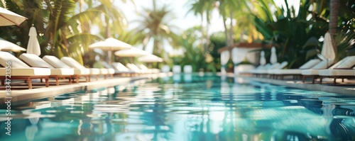 poolside scene at a luxurious tropical resort with rows of loungers under palm trees during sunset.