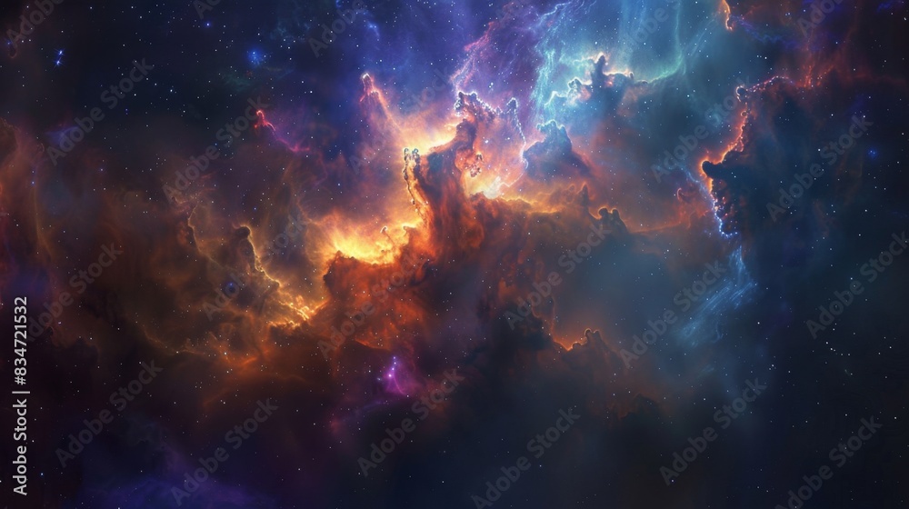A breathtaking nebula with vibrant hues of blue, purple, and orange. The swirling clouds of gas and dust are illuminated by starlight, creating a dynamic and intricate cosmic display.