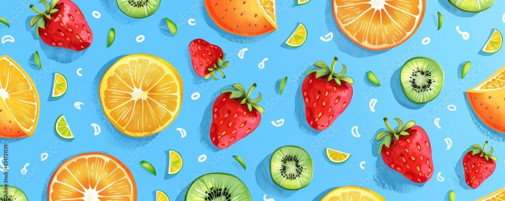 Colorful Fruit Pattern on Blue Background Colorful Fruit Pattern on Blue Background