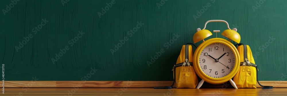 alarm clock with intricate textures and realistic lighting, positioned in front of a green chalkboard backdrop with a yellow backpack