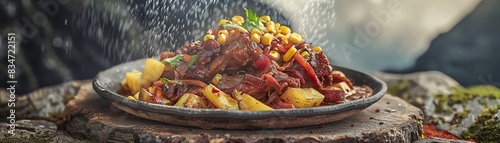 Bolivian charque de llama, dried llama meat with corn and potatoes, served on a rustic plate with an Andean mountain scene photo