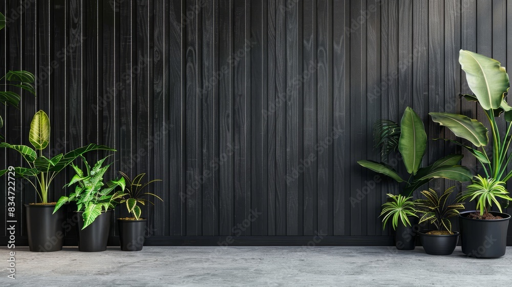 Inviting interior: black with wooden paneling and lush plants - 3d render mock-up