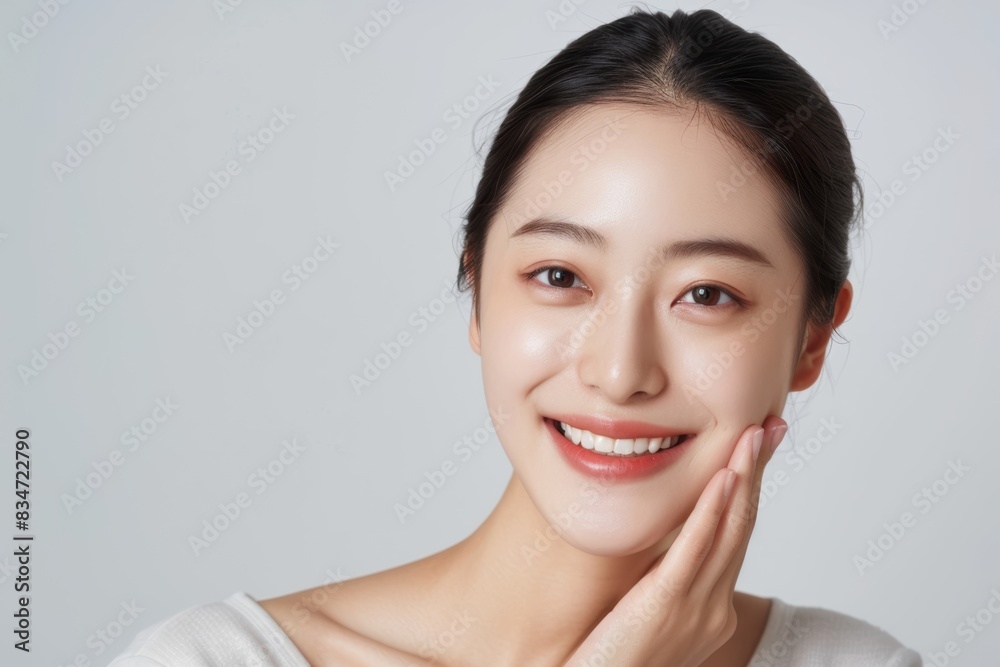 Portrait of beautiful young asian woman with clean fresh skin on white background, happy smile and hand touch face isolated over grey color backdrop. Beauty treatment concept. Portrait of beautiful young asian woman with clean fresh skin on white background, happy smile and hand touch face isolated over grey color backdrop. Beauty treatment concept.