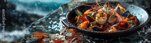 Chilean curanto, a seafood and meat stew traditionally cooked in a pit, served on a rustic plate with a scenic Chilean coastal background photo