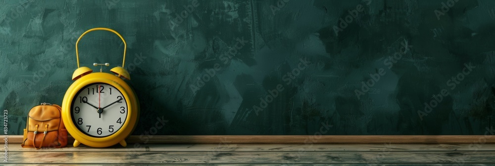 alarm clock with intricate textures and realistic lighting, positioned in front of a green chalkboard backdrop with a yellow backpack alarm clock with intricate textures and realistic lighting, positioned in front of a green chalkboard backdrop with a yellow backpack