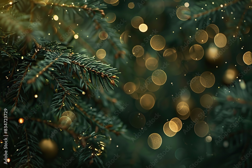 Christmas Lights Hanging against Evergreen Trees Pine Branches with Needles. Winter Evergreen Fir, Many Particles of Snow Dust Falling. Green Spruce, Tiny Light Golden Bokeh. Natural Xmas Background Christmas Lights Hanging against Evergreen Trees Pine Branches with Needles. Winter Evergreen Fir, Many Particles of Snow Dust Falling. Green Spruce, Tiny Light Golden Bokeh. Natural Xmas Background