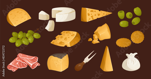 Big set of different types of cheeses and other appetizers and items for wine on a brown background. Grape, olives, fork, hammon. Vector illustration. Colorful and bright set in realistic style. Ideal photo