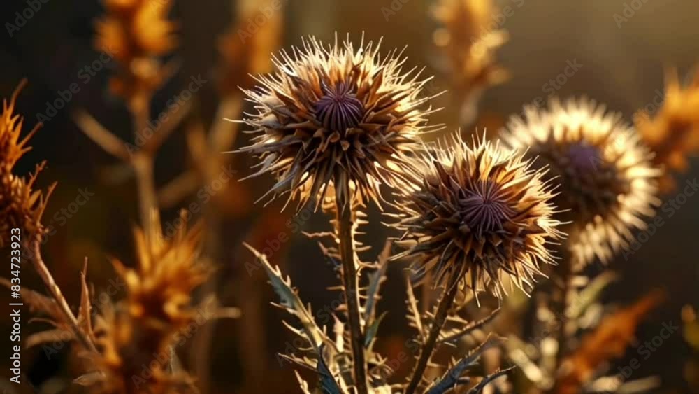 Dried thistle flowers with summer background, smooth looping 4k video animation. Dried thistle flowers with summer background, smooth looping 4k video animation.