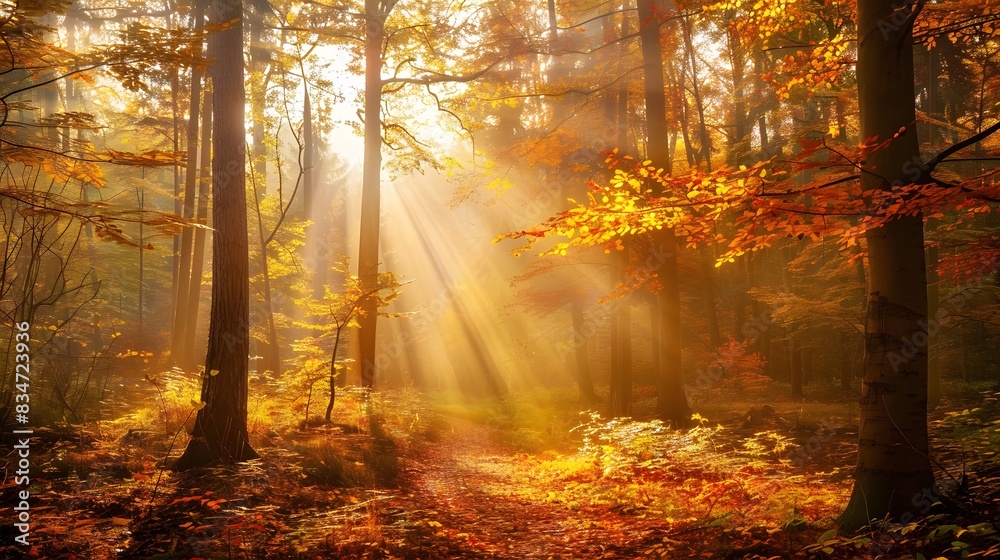 A high-resolution image of an autumn forest with golden sunlight streaming through the trees. The forest floor is covered in vibrant fallen leaves, with trees displaying warm autumn colors from
