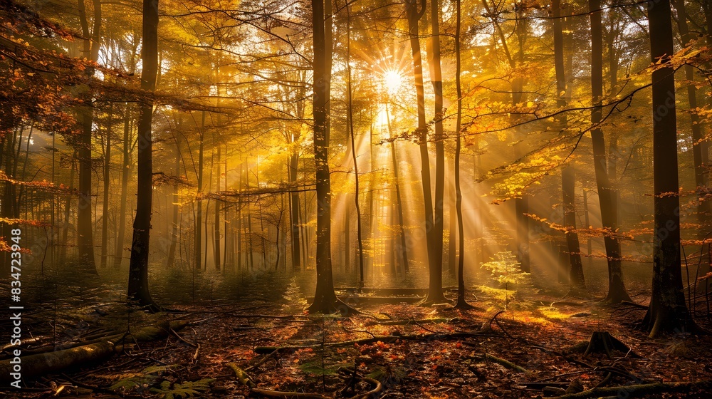 A high-resolution image of an autumn forest with golden sunlight streaming through the trees. The forest floor is covered in vibrant fallen leaves, with trees displaying warm autumn colors from A high-resolution image of an autumn forest with golden sunlight streaming through the trees. The forest floor is covered in vibrant fallen leaves, with trees displaying warm autumn colors from