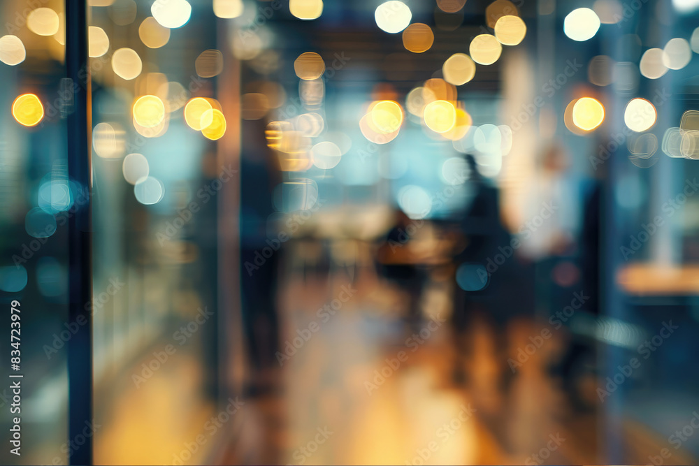 Fototapeta premium Blurred office with people. Blurred open space office. Abstract bokeh at office interior background