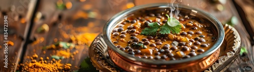 Dal makhani, creamy black lentil curry, served in a traditional copper bowl with a cozy Indian home kitchen setting photo