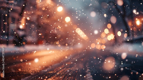 A high-resolution image of a snowy winter street with softly falling snowflakes. The background features warm bokeh lights from street lamps and buildings, slightly blurred to emphasize the magical