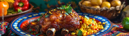 Ecuadorian hornado, roasted pork with corn and potatoes, served on a colorful plate with a backdrop of an Ecuadorian highland market