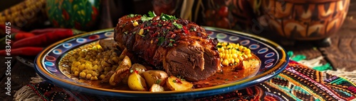 Ecuadorian hornado, roasted pork with corn and potatoes, served on a colorful plate with a backdrop of an Ecuadorian highland market