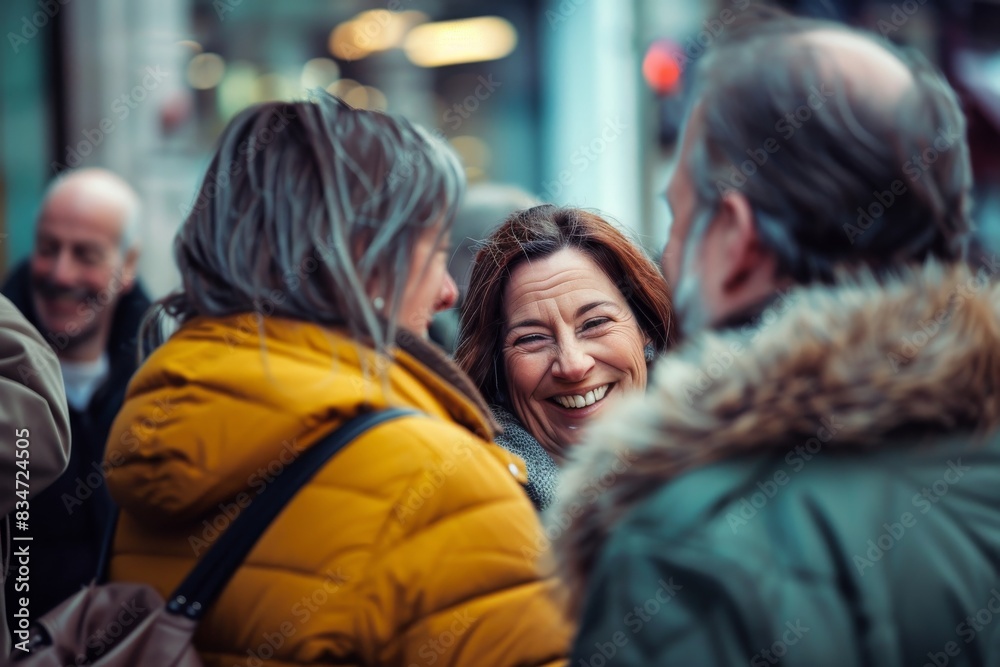 Mature woman with friends walking in the street on a winter day Mature woman with friends walking in the street on a winter day