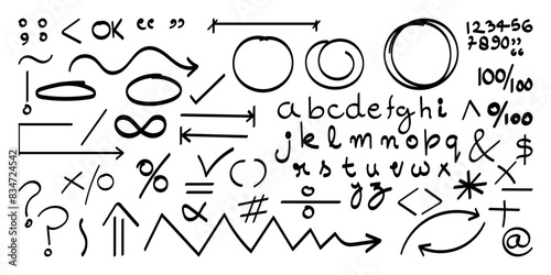 Vector illustration of hand drawn arrows, shapes, alphabets, and numbers on transparent background