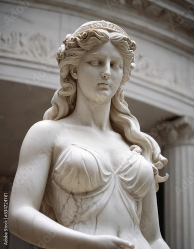 Una statua di una donna romana in gesso bianco, con una corona di foglie sulla testa.
