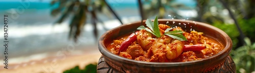 Goan prawn curry, prawns cooked in a spicy coconut gravy, served in a traditional bowl with a scenic Goan beach backdrop photo