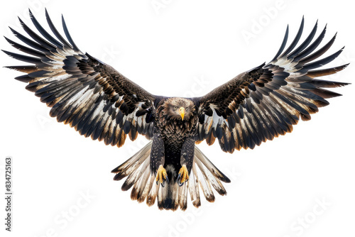 An eagle with wings fully spread, soaring in flight against a white background
