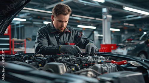 A man in a blue jacket is working on a car engine. He is wearing gloves and he is focused on the task at hand. Concept of diligence and expertise