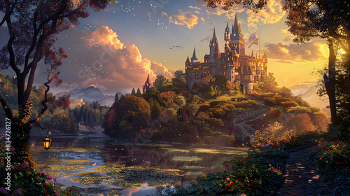 A castle is shown in a painting with a river in the background. The castle is surrounded by trees and has a castle tower. The painting has a dreamy and peaceful mood
