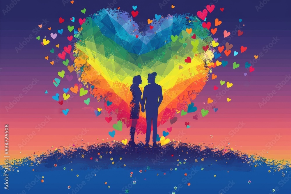 Couple silhouetted against a heart-shaped cosmic explosion, depicting the fiery passion of love.