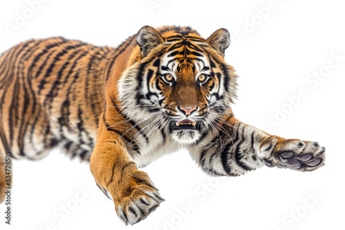 A tiger mid-pounce  muscles flexed and claws outstretched  isolated on white