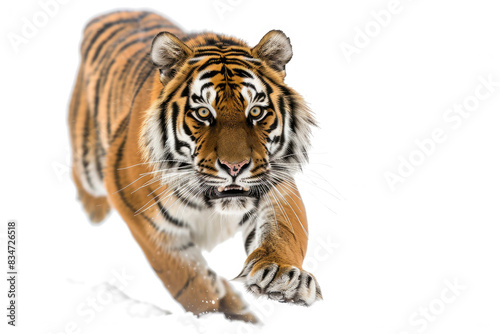 A tiger mid-pounce  muscles flexed and claws outstretched  isolated on white