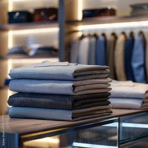 a set of neatly folded clothes on a luxurious background of the interior of a modern light boutique, a banner for displaying clothes