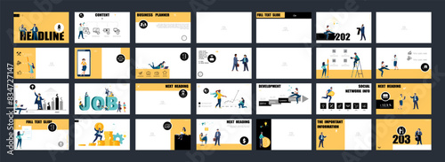 Set of powerpoint, business presentations, monetary financial circulation, buying gold coins. Infographic design template, yellow, black elements.Team people is creating a business.Vector illustration
