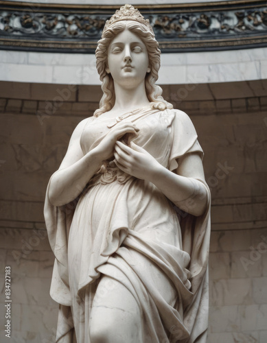 Una figura romana femminile in gesso bianco, con un volto sereno e dignitoso.
