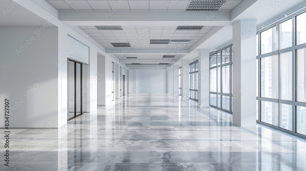 Obraz premium Spacious empty office interior with modern design, ideal for business concepts, work environment, or remote working, interior architecture photography.
