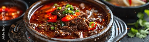 A delicious and hearty bowl of spicy beef stew, made with tender chunks of beef, fresh vegetables, and a flavorful broth photo