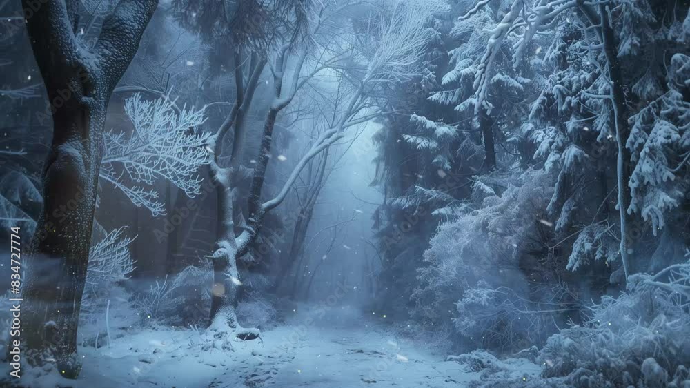 mystical winter forest with snow in dark mysterious forest with snowfall. seamless looping overlay 4k virtual video animation background