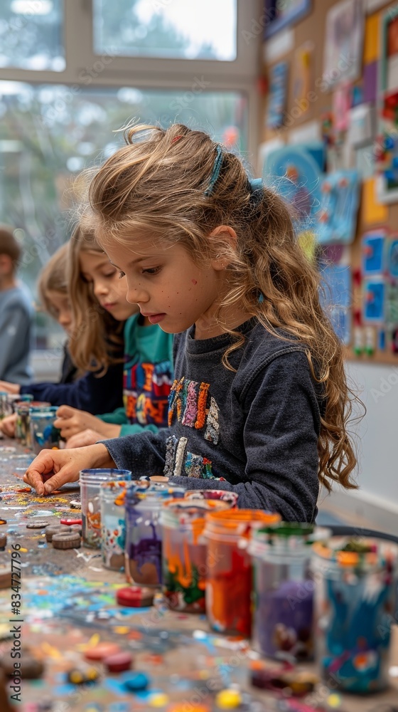 Fototapeta premium A classroom full of children making arts and crafts together. 