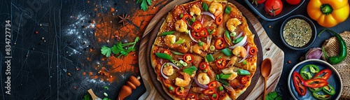 A delicious pizza with a variety of toppings, including shrimp, peppers, and onions. The pizza is served on a wooden board and is surrounded by various spices and ingredients.