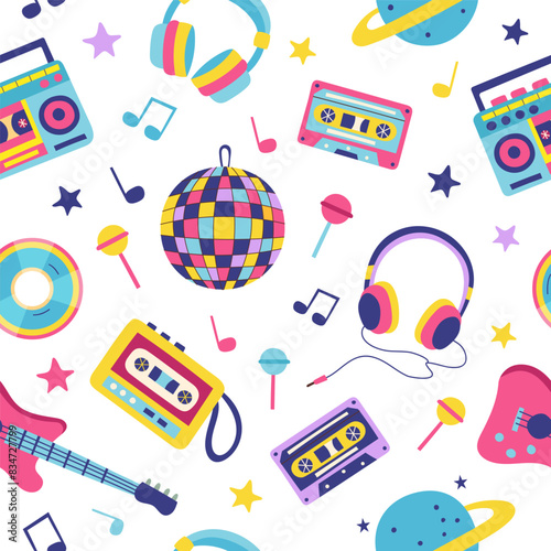 90s retro elements set seamless pattern on white surface. Concept of 90s. Stickers. Y2K, 2000s, 80s. Retro music background.