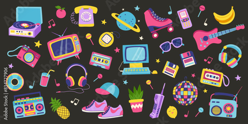 90s retro elements set on black background. Concept of 90s. Stickers. Y2K, 2000s, 80s retro elements set.