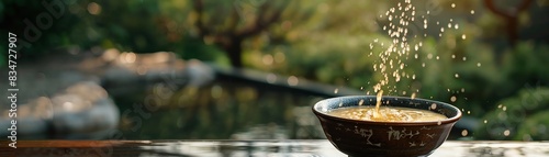 Korean sweet rice drink Sikhye, served in a traditional bowl with a serene Korean garden backdrop