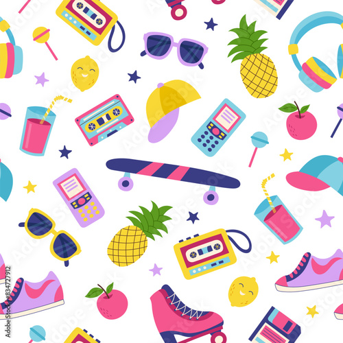 90s retro elements set seamless pattern on white surface. Concept of 90s. Stickers. Y2K, 2000s, 80s. Retro background.
