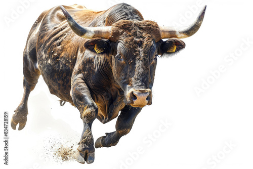A bull charging forward, muscles rippling, isolated on a white background