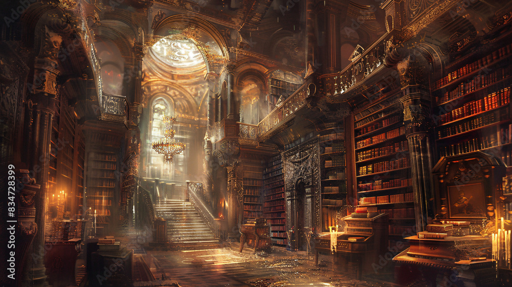 A large library with many books and a chandelier hanging from the ceiling. Scene is cozy and inviting, with the warm lighting and the abundance of books creating a sense of comfort and relaxation A large library with many books and a chandelier hanging from the ceiling. Scene is cozy and inviting, with the warm lighting and the abundance of books creating a sense of comfort and relaxation