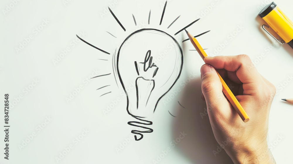 A hand drawing a lightbulb concept on a white background, symbolizing idea creation. Generative AI