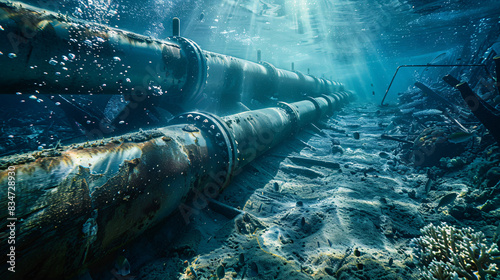 A long pipe is underwater with fish swimming around it. Concept of mystery and wonder, as the viewer is left to imagine what lies beneath the surface of the water
