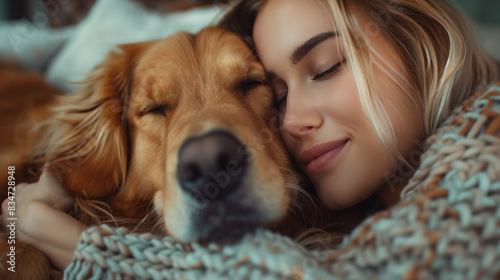 Sincere love to pet. Friendly young woman kissing muzzle of golden retriever while lying together on soft bed. Female blonde strengthening friendship bond with canine buddy at home. © Muhammad